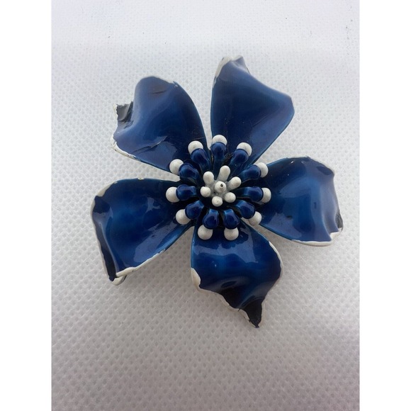 Vtg SIGNED Marked Mode ART Blue Flower Enamel Brooch Pin Circa 1940-1955 - Picture 1 of 10